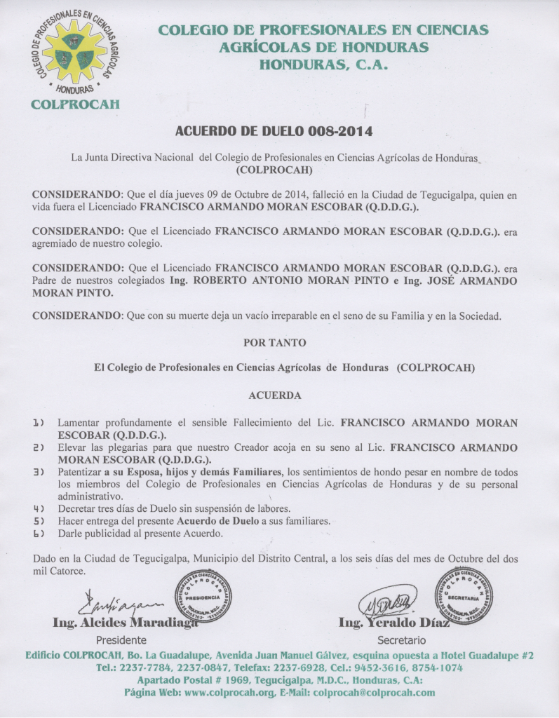 Acuerdo de Duelo FRANCISCO ARMANDO MORAN ESCOBAR  - 008