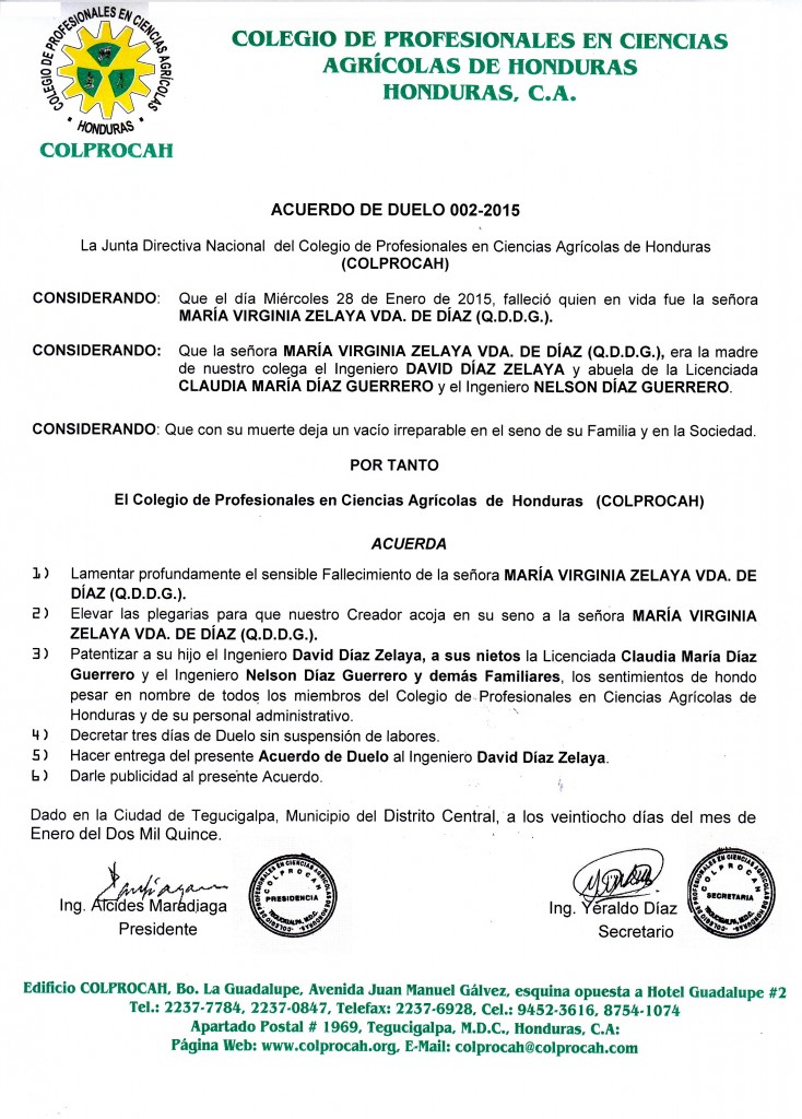 002-2015 Acuerdo de Duelo Sra. María V. Zelaya Vda. de Díaz