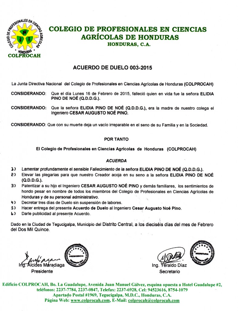 003-2015 Acuerdo de Duelo SRA. ELIDIA PINO DE NOÉ