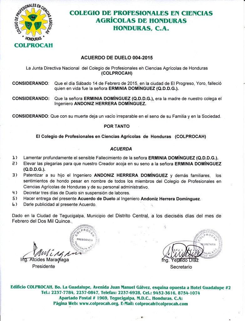 004-2015 Acuerdo de Duelo SRA. ERMINIA DOMINGUEZ