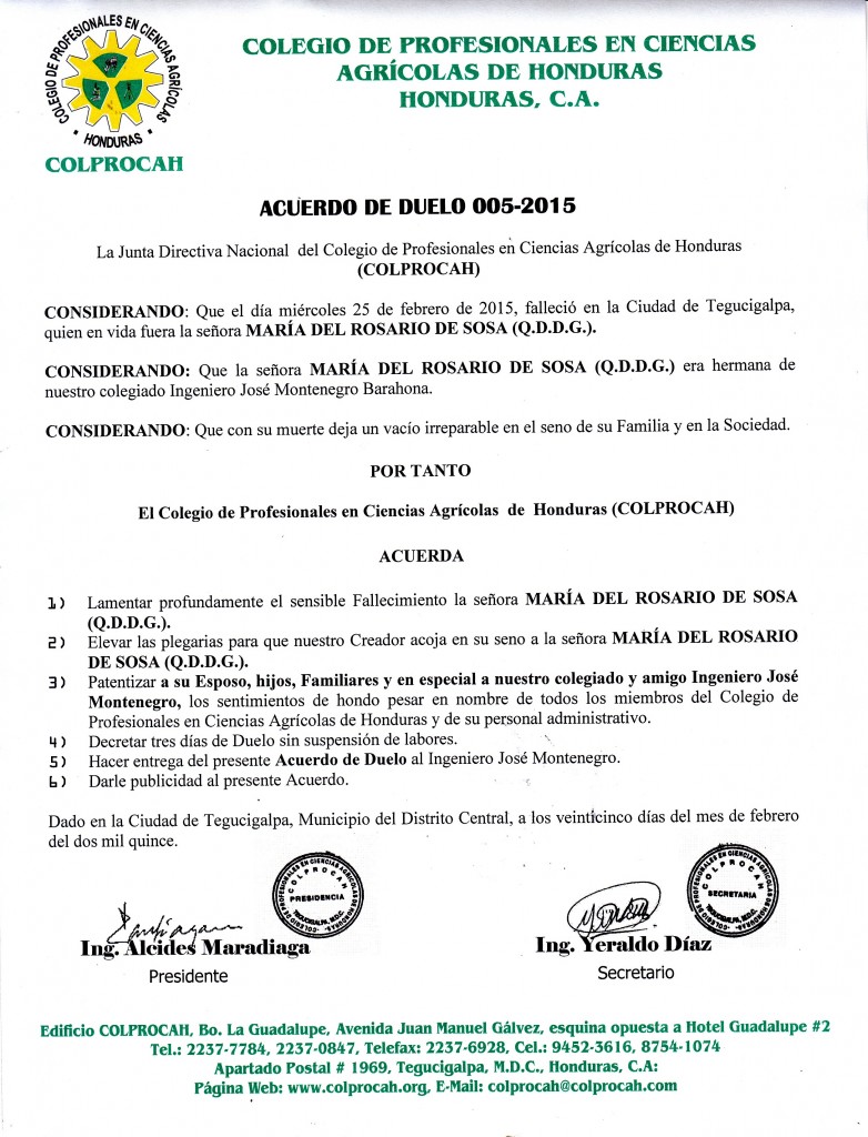 005-2015 Acuerdo de Duelo SRA. MARIA DEL ROSARIO DE SOSA