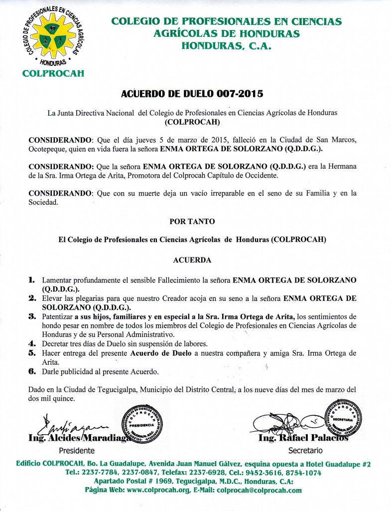 007-2015 Acuerdo de Duelo SRA. ENMA ORTEGA DE SOLORZANO (HNA. IRMA DE ARITA)