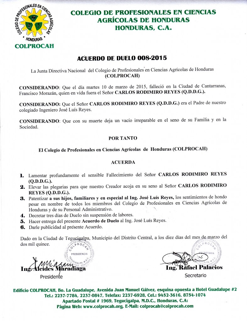 008-2015 Acuerdo de Duelo SR. CARLOS RODIMIRO REYES (PADRE ING. JOSE LUIS REYES)