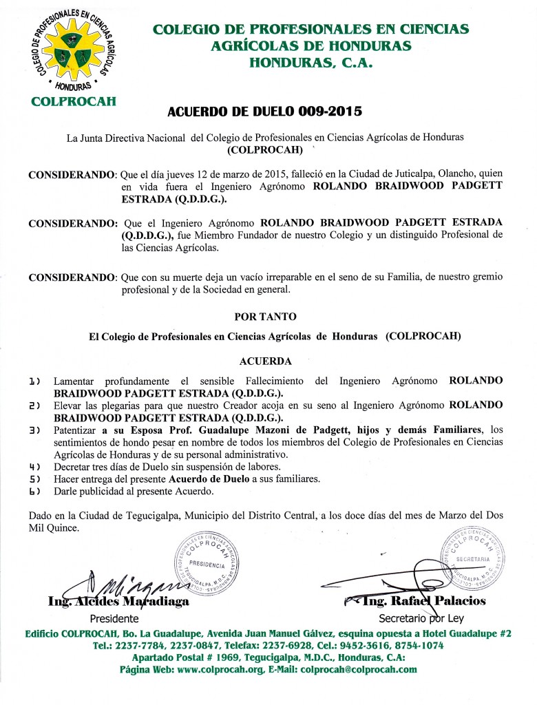 009-2015 Acuerdo de Duelo ROLANDO BRAIDWOOD PADGETT ESTRADA