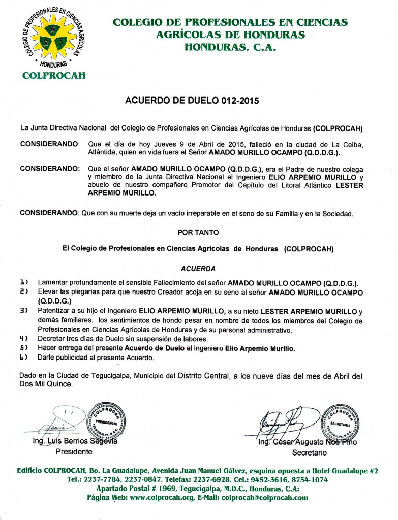 012-2015 Acuerdo de Duelo SR. AMADO MURILLO OCAMPO (PADRE DEL ING. ELIO ARPEMIO MURILLO)