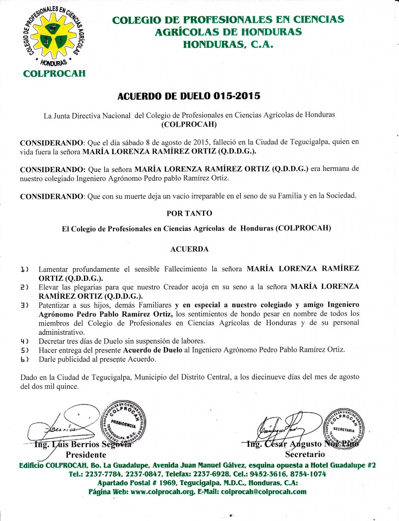 015-2015 Acuerdo de Duelo Sra. María Lorenza Ramírez Ortiz (Hna. Ing. Pedro Pablo Ramírez)