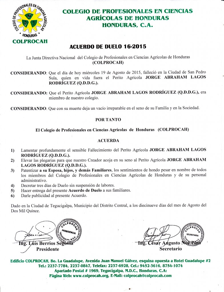 016-2015 Acuerdo de Duelo P. Agricola Jorge Abraham Lagos Rodríguez