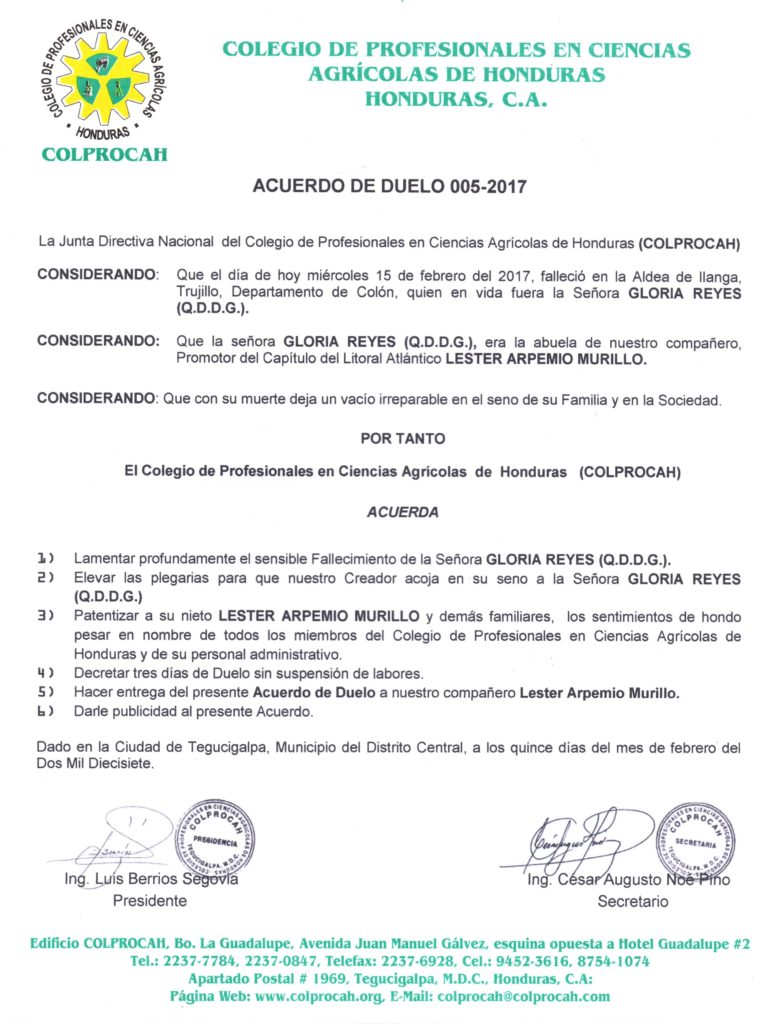 Acuerdo de Duelo 005-2017 SRA. GLORIA REYES (Abuela Lester Murillo)