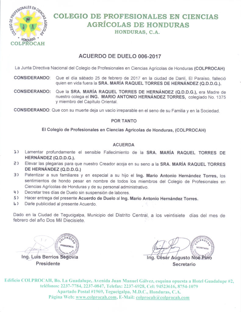 Acuerdo de Duelo 006 SRA. MARIA RAQUEL TORRES(MADRE ING. MARIO HERNÁNDEZ) DANLI