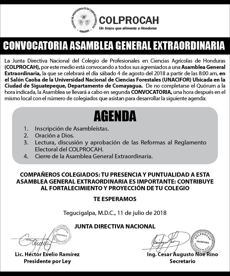 CONVOCATORIA ASAMBLEA GENERAL EXTRAORDINARIA (4 DE AGOSTO DEL 2018) |  Colprocah